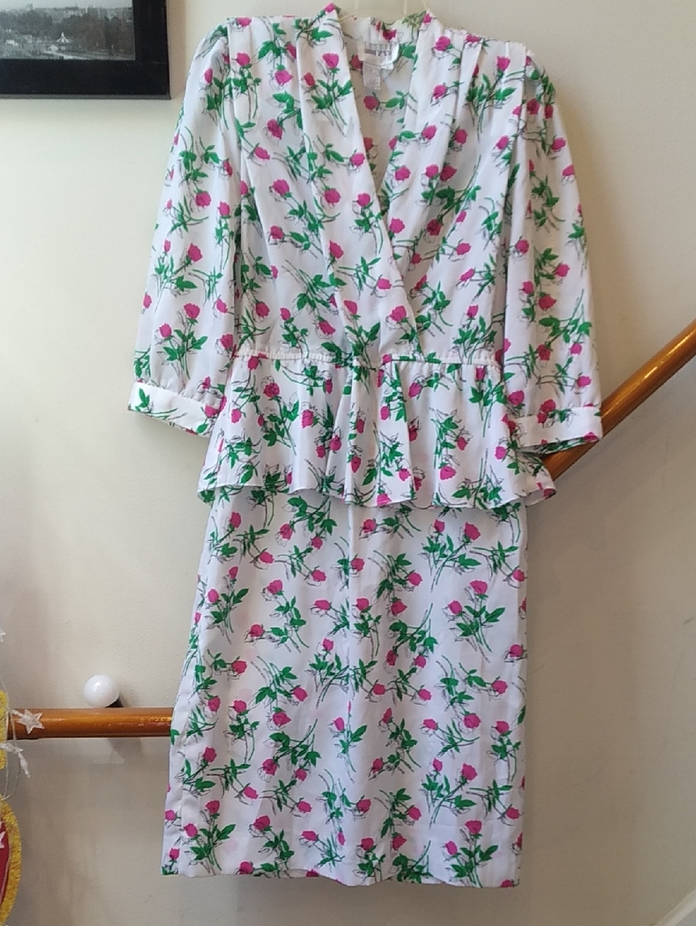 Leslie Fay Vintage White Midi Dress with Pink Floral & Green Foliage